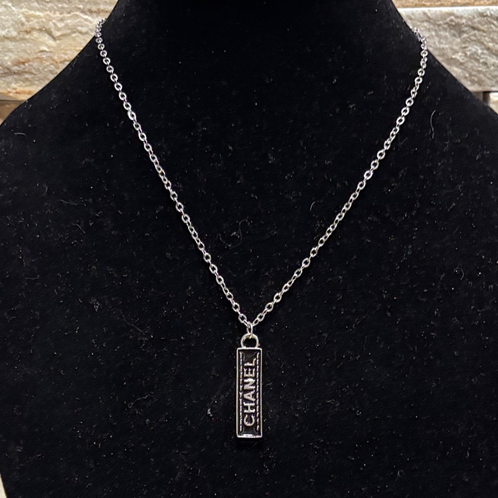 Silver Chain Necklace with Designer Cc  Logo Pendant